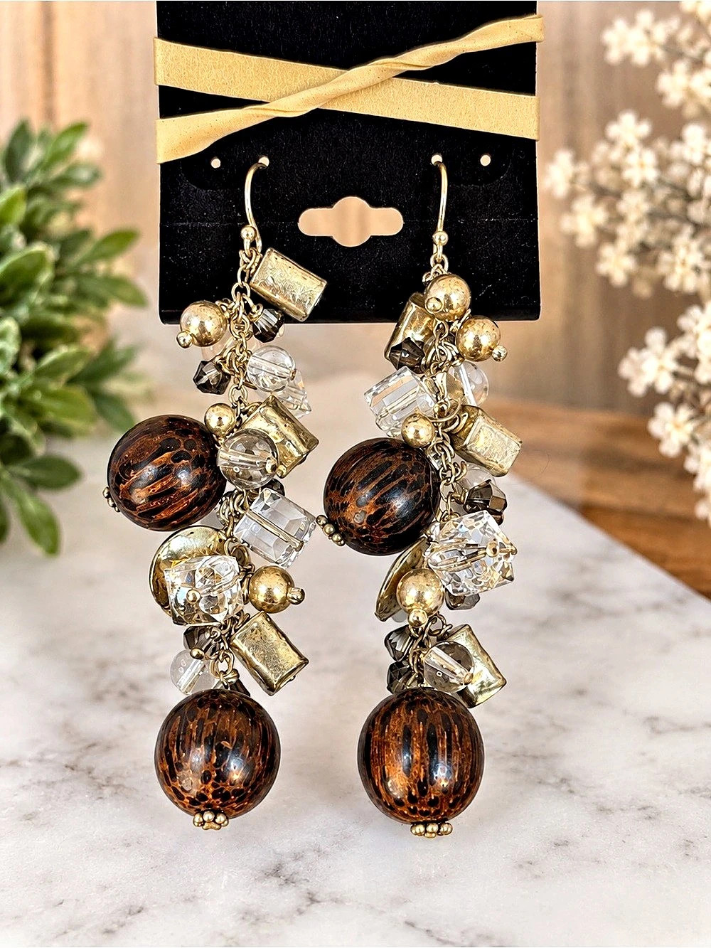 Boho Beaded Dangle Earrings Brown Silver Gold Clear Crystal Statement Earrings